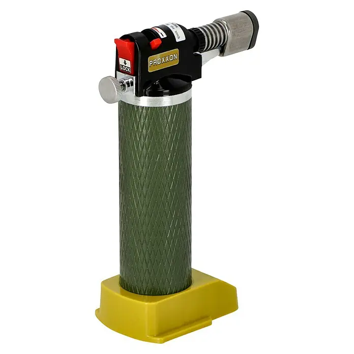 Proxxon Brenner Microflam MFB/E -  - Das Bild zeigt ein Proxxon Microflam MFB/E Gaslötkolben mit einer olivgrünen Grifffläche und gelbem Standfuß. Ideal für feine Lötarbeiten.