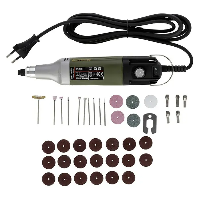 Proxxon Micromot Industrie-Bohrschleifer-Set IBS/E - Leerlaufdrehzahl: 5.000 U/min - 20.000 U/min, 100 W - Das Bild zeigt einen Proxxon IBS/E Feinbohrschleifer mit Zubehör, ideal für präzise Arbeiten.