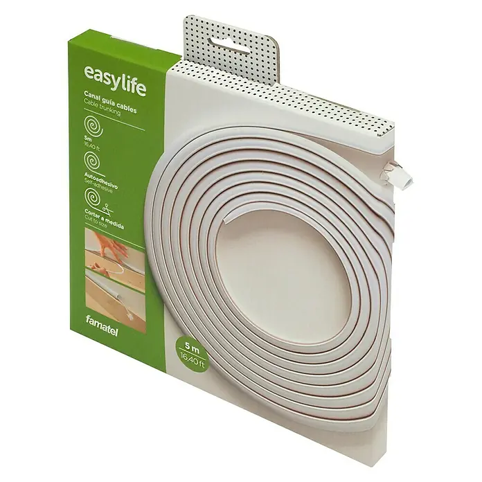 Famatel Canaleta mini flexible autoadhesiva easylife - L x An x Al: 1 x 1 x 1 cm, Blanco - Primer plano de un paquete de canalización de cables EasyLife que muestra el producto y sus características como autoadhesivo y cortable a medida.