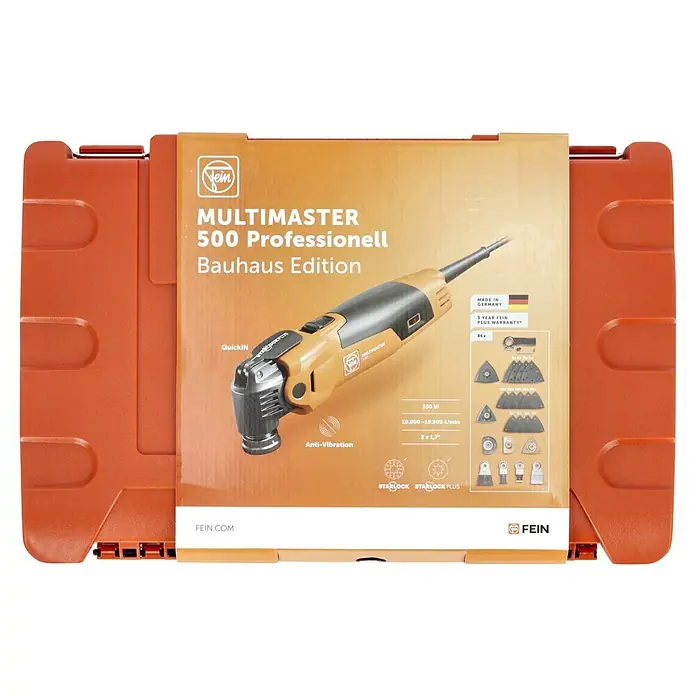 Fein Elektro-Multifunktionswerkzeug MultiMaster MM 500 Plus - 350 W, STARLOCK-System - Fein Multimaster 500 Professionell Bauhaus Edition im orangenen Werkzeugkoffer.