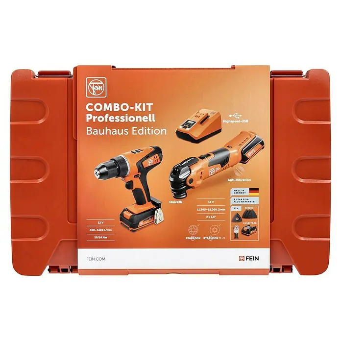 Fein Maschinen-Set Das Combo Kit Professionell AMM 300 Plus & ABSU 12 -  - Das Bild zeigt ein FEIN Combo-Kit Professionell Bauhaus Edition in einem orangefarbenen Koffer, inklusive Bohrmaschine, Multifunktionswerkzeug und Zubehör.