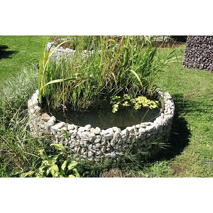Bellissa Gabionen-Hochteich Bausatz - 146 x 40 cm, Metall - Runder Teich mit Steinen und Pflanzen. Der Steinteich mit Gitterumrandung ist bepflanzt und fügt sich gut in den Garten ein.