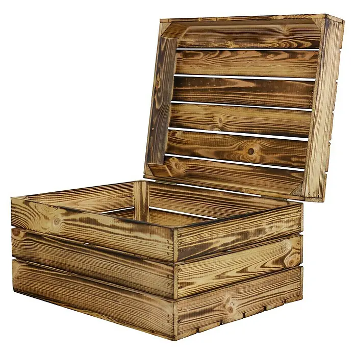 Holzkiste Assos - L x B x H: 40 x 32 x 22 cm, Braun - Rustikale offene Holzkiste mit dunklen Akzenten, ideal zur Aufbewahrung und Dekoration im Landhausstil.