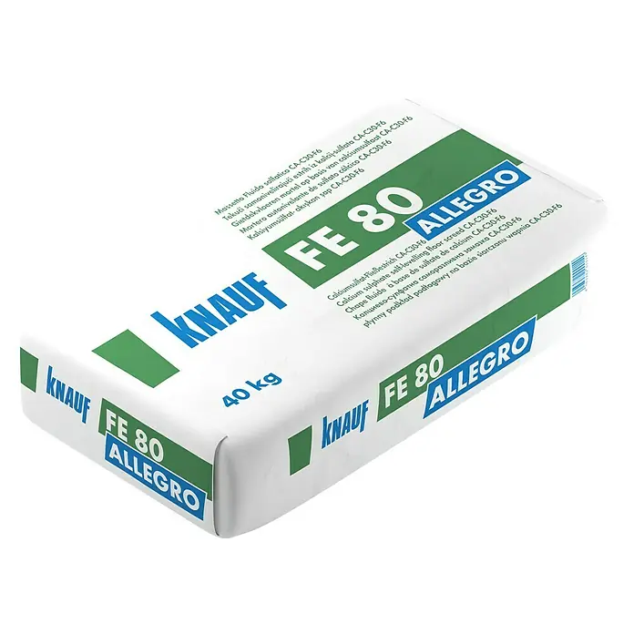 Knauf Fließestrich FE 80 Allegro - 40 kg - Sack Knauf FE 80 Allegro Calciumsulfat-Fließestrich, selbstverlaufende Bodenspachtelmasse auf Calciumsulfatbasis, 40 kg.