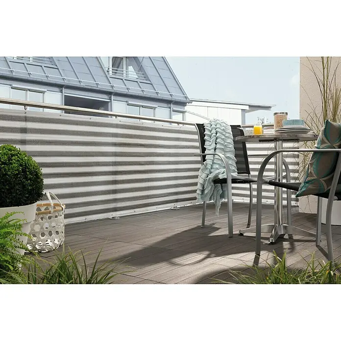 Balkonsichtschutz Meterware - Höhe: 0,9 m, Meterware, Grau/Weiß - Balkon-Privatsphäre: Eine stilvolle und praktische Lösung für mehr Privatsphäre auf dem Balkon mit einer schicken grauen Windschutzblende.
