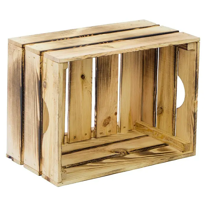 Holzkiste Magda - L x B x H: 40 x 30 x 23 cm, Geflammt - Eine rustikale Holzkiste mit Tragegriffen. Ideal für Lagerung oder als dekoratives Element mit natürlichem Charme.
