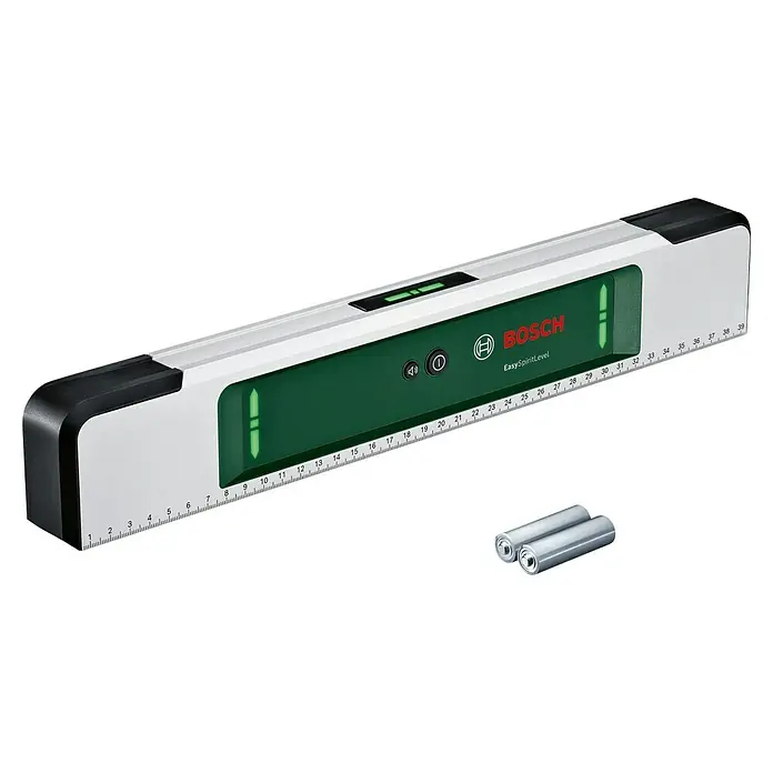 Bosch Easy Wasserwaage EasySpiritLevel - L x B x H: 40 x 3,2 x 6,4 cm, Kunststoff, Grün, Silber - Bild einer Bosch EasySpiritLevel Wasserwaage mit Digitalanzeige und zwei Batterien.