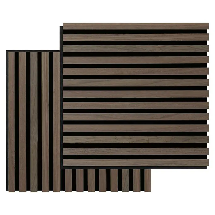 FibroTech Akustikpaneel SQUARE - Walnut, 520 x 520 x 22 mm - Holzpaneel mit horizontalen und vertikalen Lamellen, ideal für moderne Innenräume, die Wärme und Struktur suchen.