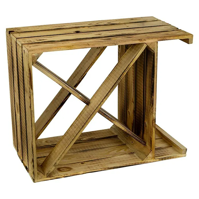 Weinregal X - L x B x H: 50 x 40 x 27 cm, Holz - Ein rustikaler Nachttisch aus Holzpaletten gefertigt, der durch sein einzigartiges Design besticht und vielseitig einsetzbar ist.