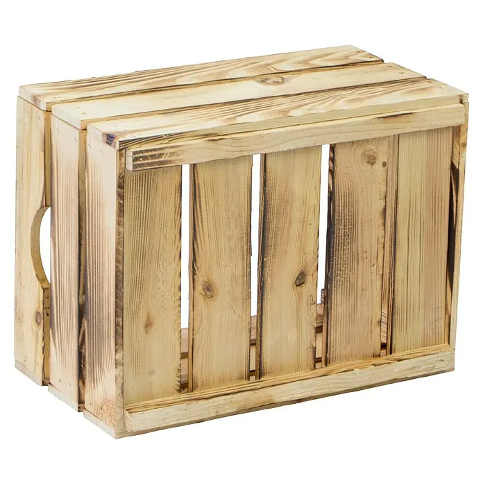 Holzkiste Magda - L x B x H: 40 x 30 x 23 cm, Geflammt - Rustikale Holzkiste mit Griffmulden für einfache Handhabung und Lagerung. Ideal für Dekoration oder Aufbewahrung.