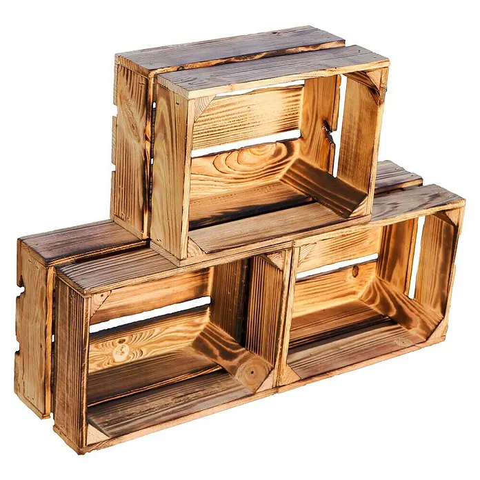 Holzkiste Frieda - L x B x H: 30 x 22 x 16 cm, Braun - Stapel aus drei rustikalen Holzkisten, ideal für Lagerung und Dekoration. Die geflammte Oberfläche verleiht einen Vintage-Look.