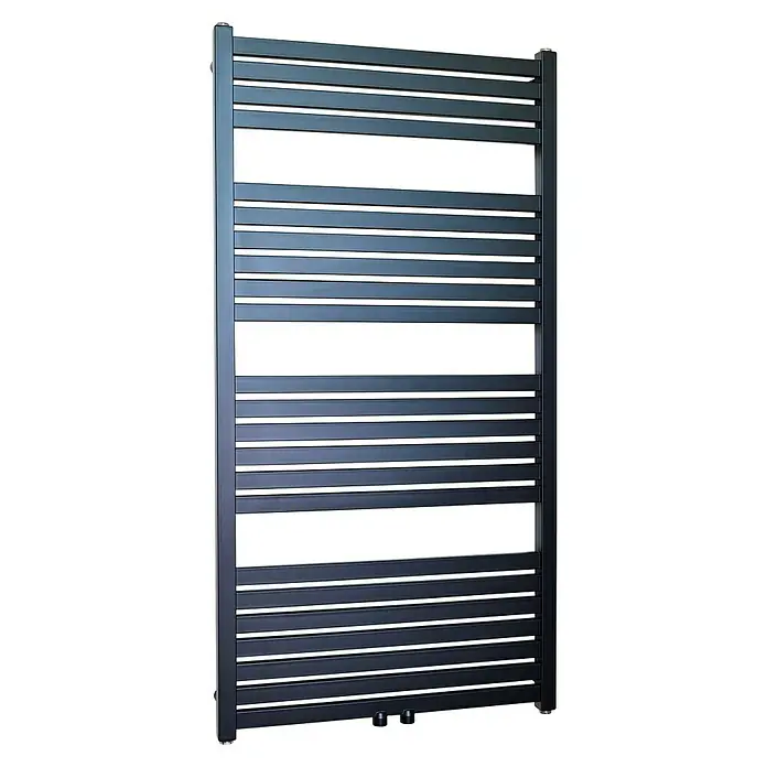 Admiral Badheizkörper Sevilla - B x H: 600 x 1.180 mm, Wärmeleistung bei Vorlauftemperatur von 75 °C (D: 50): 646 W, Schwarz - Ein elegantes, schwarzes Handtuchwärmer-Design mit horizontalen Streben, das Funktionalität und moderne Ästhetik in Ihrem Badezimmer vereint.