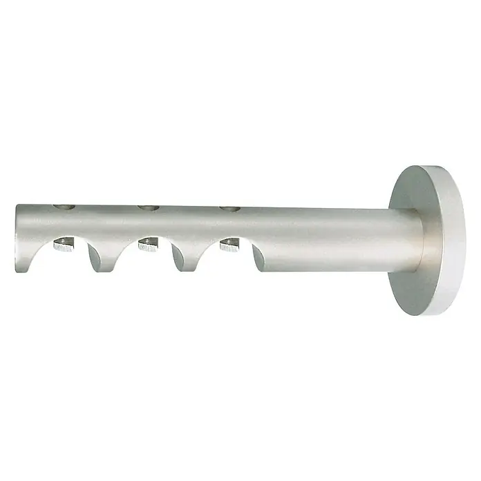Expo Ambiente Dreilaufträger Track 3 - Edelstahloptik, Geeignet für: Gardinenstangen Ø 20 mm, 142 mm - Bild eines silbernen Gardinenstangenhalters mit vier Aussparungen und einer runden Basis.