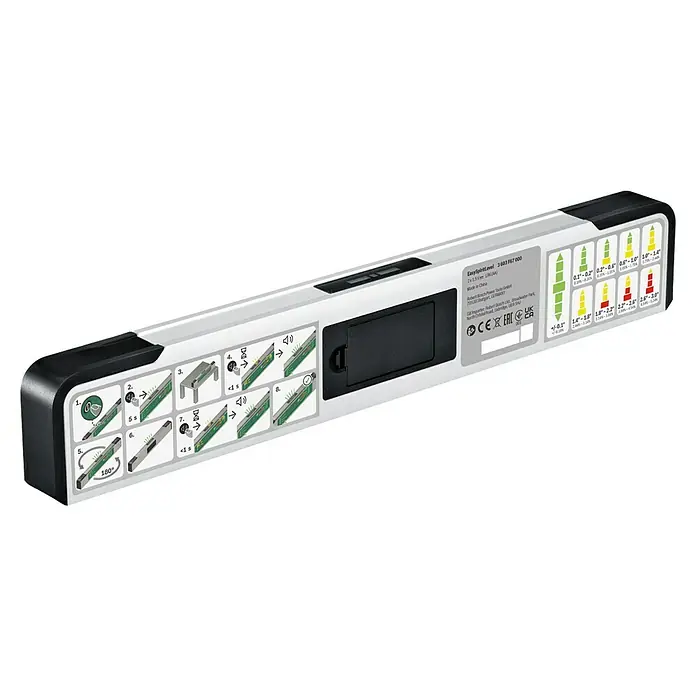 Bosch Easy Wasserwaage EasySpiritLevel - L x B x H: 40 x 3,2 x 6,4 cm, Kunststoff, Grün, Silber - EasySpiritLevel 3603 F67 000 mit Anleitung, 2x1.5 V LR6(AA), hergestellt in China. Anleitung für die Nutzung der Wasserwaage.