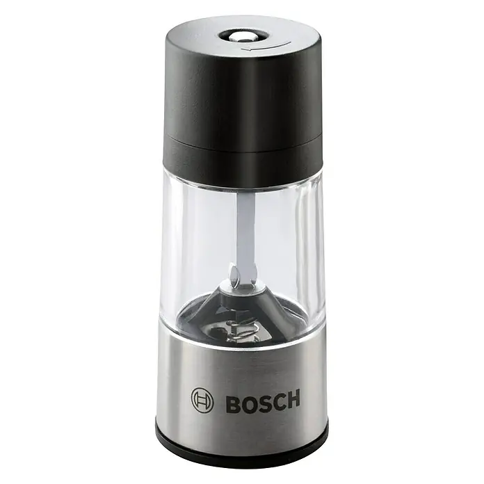 Bosch Gewürzmühlenaufsatz - Passend für: Bosch Easy Akkuschrauber IXO III/IV/V/VI - Eine elektrische Bosch Pfeffermühle mit einem transparenten Behälter und einem silbernen Sockel, ideal für Küche und Esstisch.