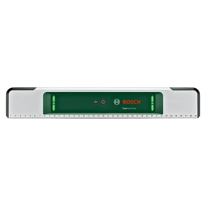 Bosch Easy Wasserwaage EasySpiritLevel - L x B x H: 40 x 3,2 x 6,4 cm, Kunststoff, Grün, Silber - Das Bild zeigt eine Bosch EasySpiritLevel Wasserwaage mit digitaler Anzeige und integriertem Lineal.