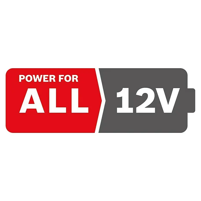 Bosch Power for All 12V Akku PBA 12V 2.0Ah O-B - 12 V, 2 Ah - Das "Power For All 12V"-Logo, das ein vielseitiges 12V-Akkusystem für verschiedene Geräte und Anwendungen bewirbt.