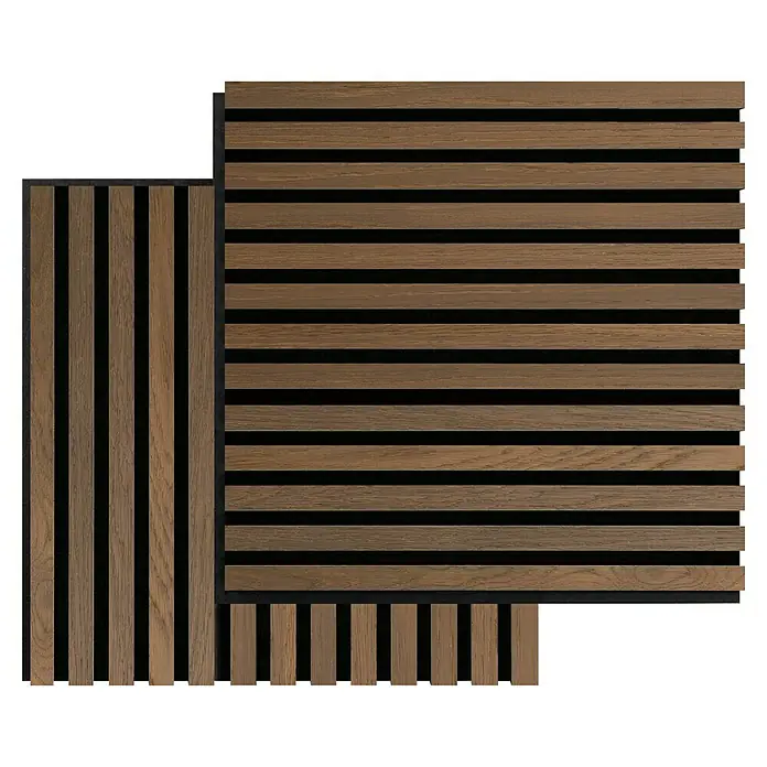 FibroTech Akustikpaneel SQUARE - Oiled Oak, 520 x 520 x 22 mm - Nahaufnahme von zwei verschiedenen Akustikpaneelen mit Holzlatten und schwarzem Hintergrund, die die Textur und das Design hervorheben.