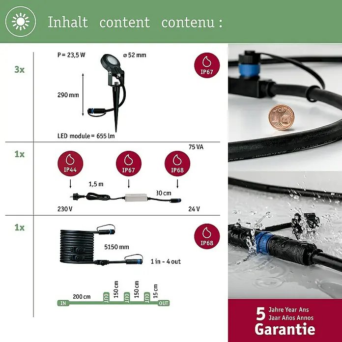 Paulmann Plug & Shine Basis-Set LED-Gartenstrahler Sting - 6 W, Erdspieß, IP67, 3.000 K - Produktdarstellung: Das Set enthält 3 Gartenstrahler, einen Transformator und ein 5150mm langes Kabel mit mehreren Ausgängen.