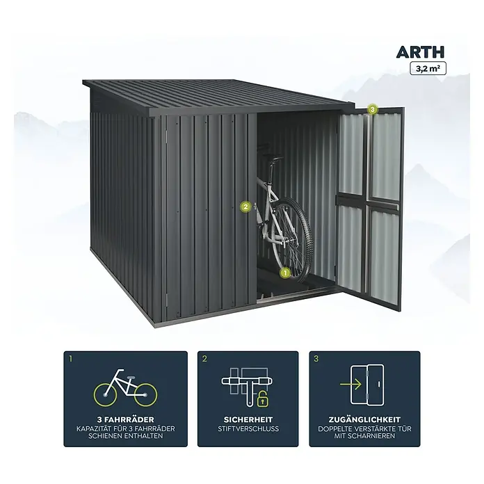 Hoggar Gerätehaus Arth - Außenmaß inkl. Dachüberstand (B x T): 204 x 163 cm, Stahl, 3,2 m² - Abbildung eines ARTH Fahrradschuppens (3,2 m²) mit geöffneten Türen, der Platz für 3 Fahrräder bietet und über einen Stiftverschluss für Sicherheit verfügt.