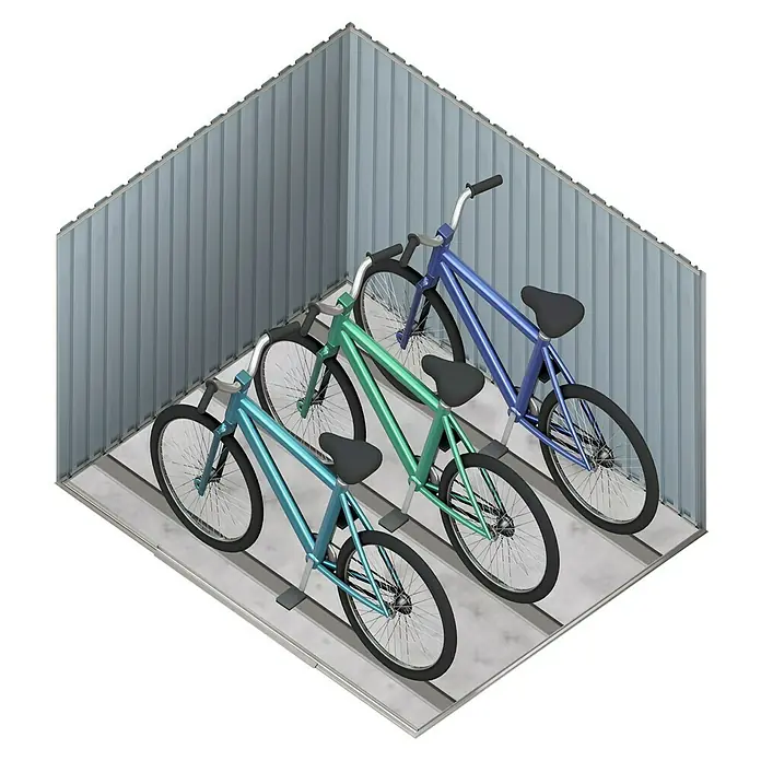 Hoggar Gerätehaus Arth - Außenmaß inkl. Dachüberstand (B x T): 204 x 163 cm, Stahl, 3,2 m² - Drei Fahrräder unterschiedlicher Farbe stehen in einem Lagerraum. Sie sind sicher und platzsparend abgestellt.