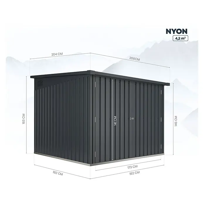 Hoggar Gerätehaus Nyon - Außenmaß inkl. Dachüberstand (B x T): 206 x 204 cm, Anthrazit, Stahl, 4,2 m² - Abbildung eines anthrazitfarbenen NYON Gerätehauses mit Maßangaben zu Höhe, Breite und Tiefe.