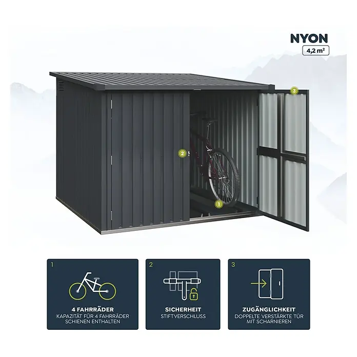 Hoggar Gerätehaus Nyon - Außenmaß inkl. Dachüberstand (B x T): 206 x 204 cm, Anthrazit, Stahl, 4,2 m² - Bild einer Fahrradgarage von NYON mit einer Fläche von 4,2 m², die Platz für 4 Fahrräder bietet und mit Schienen und verstärkter Tür ausgestattet ist.