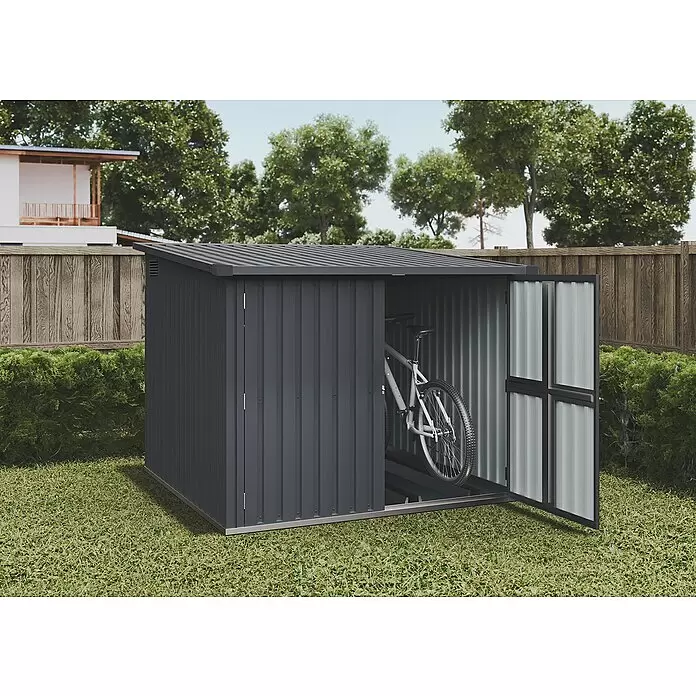 Hoggar Gerätehaus Arth - Außenmaß inkl. Dachüberstand (B x T): 204 x 163 cm, Stahl, 3,2 m² - Dunkelgrauer Metall-Gartenschuppen mit Wellblechpaneelen, offen und ein Fahrrad verstauend.