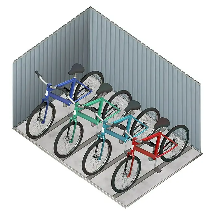 Hoggar Gerätehaus Nyon - Außenmaß inkl. Dachüberstand (B x T): 206 x 204 cm, Anthrazit, Stahl, 4,2 m² - Illustration von vier Fahrrädern in verschiedenen Farben, die ordentlich in einem Lagerraum aufgereiht sind und eine effiziente Aufbewahrung zeigen.