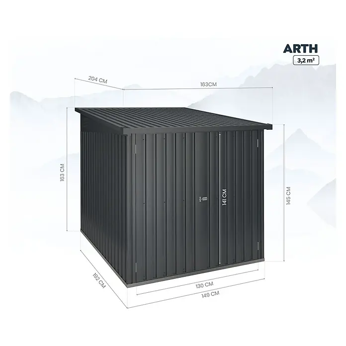 Hoggar Gerätehaus Arth - Außenmaß inkl. Dachüberstand (B x T): 204 x 163 cm, Stahl, 3,2 m² - Abbildung eines ARTH-Gartenschuppens mit Größenangaben wie Länge, Breite und Höhe in Zentimetern.