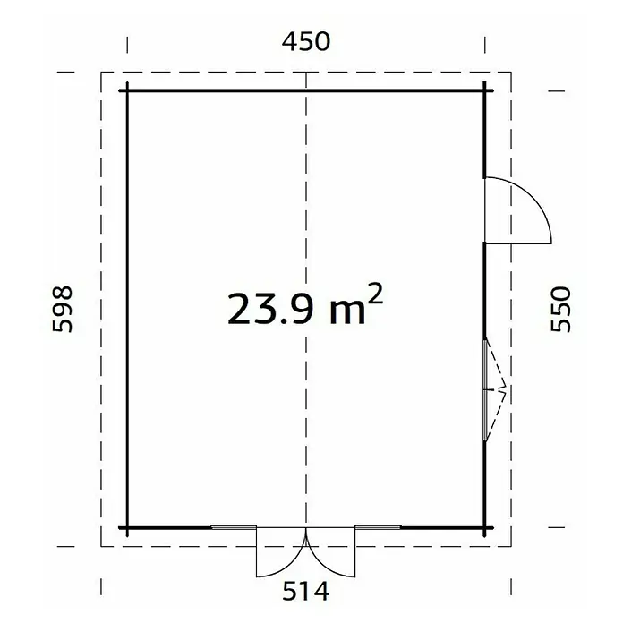 Palmako Gartenhaus Irene - Außenmaß inkl. Dachüberstand (B x T): 514 x 598 cm, Natur - Grundrisszeichnung eines Hauses mit den Maßen 450 x 598 und einer Fläche von 23,9 m². Tür- und Fensterpositionen sind ebenfalls dargestellt.
