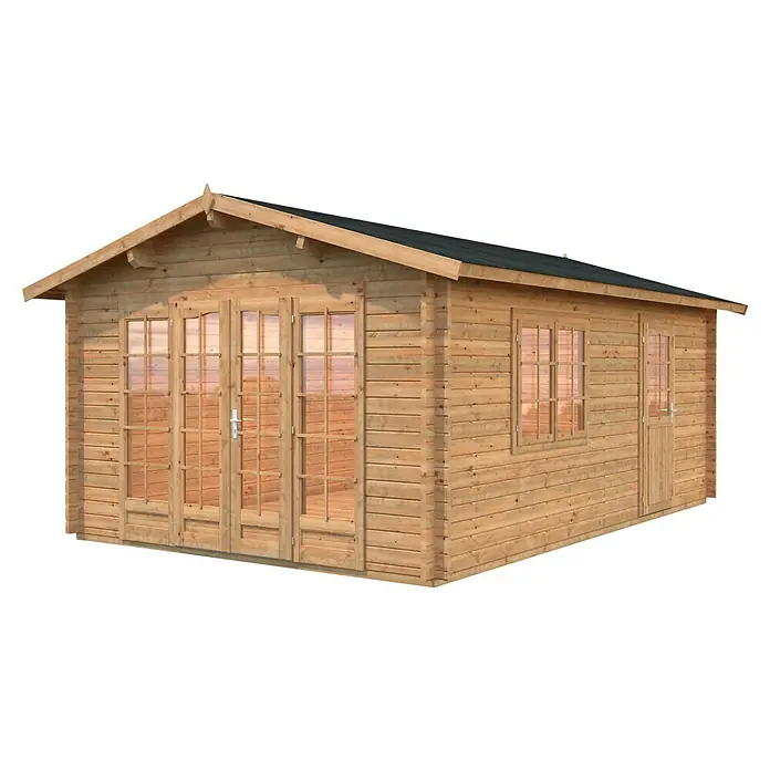Palmako Gartenhaus Irene - Außenmaß inkl. Dachüberstand (B x T): 426 x 598 cm, Braun - Ein geräumiges Holzgartenhaus mit Doppeltüren und Fenstern, ideal für Lagerung oder als Hobbyraum im Freien.