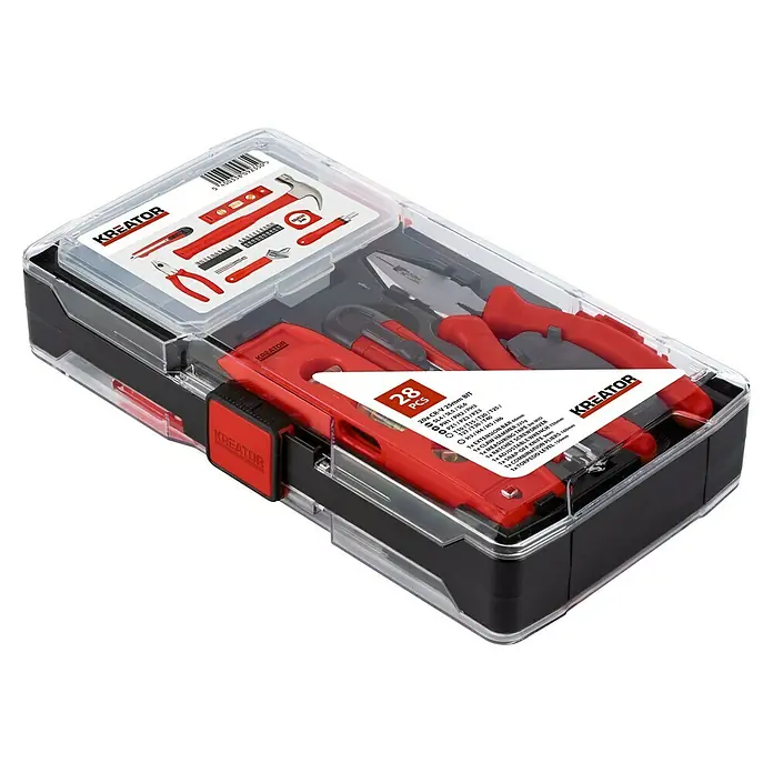 Kreator Set de herramientas KRT951014 - 28 pzs. - Un juego de herramientas KREATOR de 28 piezas en un estuche transparente, ideal para aficionados al bricolaje y profesionales.