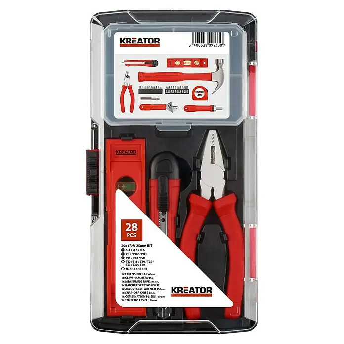 Kreator Set de herramientas KRT951014 - 28 pzs. - Imagen de un kit de herramientas Kreator de 28 piezas, que incluye un martillo, destornilladores, alicates y puntas en un estuche de plástico transparente.