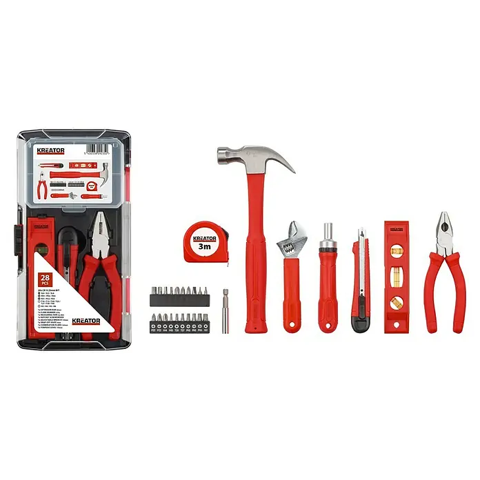 Kreator Set de herramientas KRT951014 - 28 pzs. - Juego de herramientas Kreator de 28 piezas con martillo, alicates, destornilladores y cinta métrica, ideal para bricolaje.