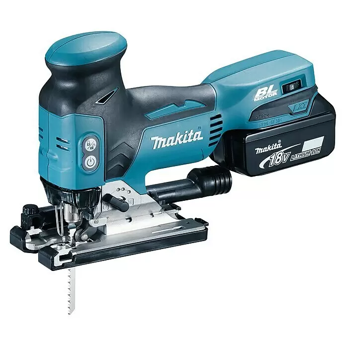 Makita LXT 18V Akku-Pendelhubstichsäge DJV181RTJ - 18 V, Li-Ionen, 2 Akkus, 800 /min - 3.500 /min - Türkise und schwarze Makita Akku-Stichsäge mit 18V Akku, Sägeblatt und Bedienelementen.