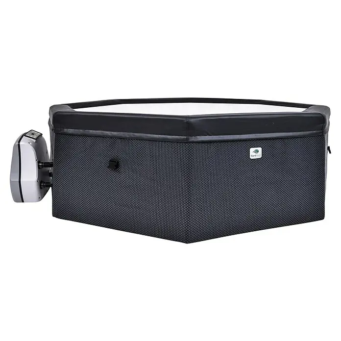 GardWell Mobil-Whirlpool Unos - Ø x H: 193 x 70 cm, Anthrazit/Innen Weiß, 1.000 l - Hier ist ein aufblasbarer Whirlpool mit schwarzer Stoffaußenseite und einer grauen Steuereinheit an der Seite.