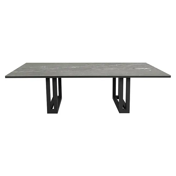 Mesa de jardín Doble Bridge - L x An x Al: 260 x 120 x 74 cm, Aluminio/Cerámica, Cardoso Gray - Esta imagen muestra una mesa de comedor moderna con una tapa de mármol gris y una elegante base de metal negro, un mueble elegante para cualquier comedor.