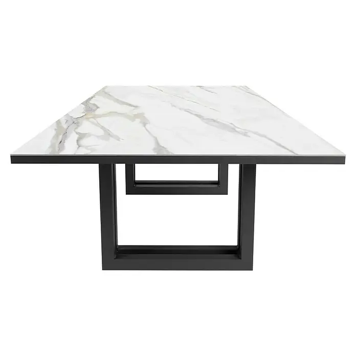 Mesa de jardín Doble Bridge - L x An x Al: 260 x 120 x 74 cm, Aluminio/Cerámica, Emporio Calacatta - Mesa de comedor moderna con una tapa de mármol blanco y una estructura metálica negra elegante. Diseño elegante para el comedor.