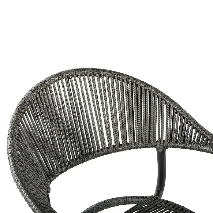 Silla de jardín Melk - 56 x 57 x 80 cm, Antracita, Cuerda, Apilable - Primer plano de una silla de exterior moderna con respaldo tejido, ideal para un diseño de jardín elegante y horas de relax al aire libre.