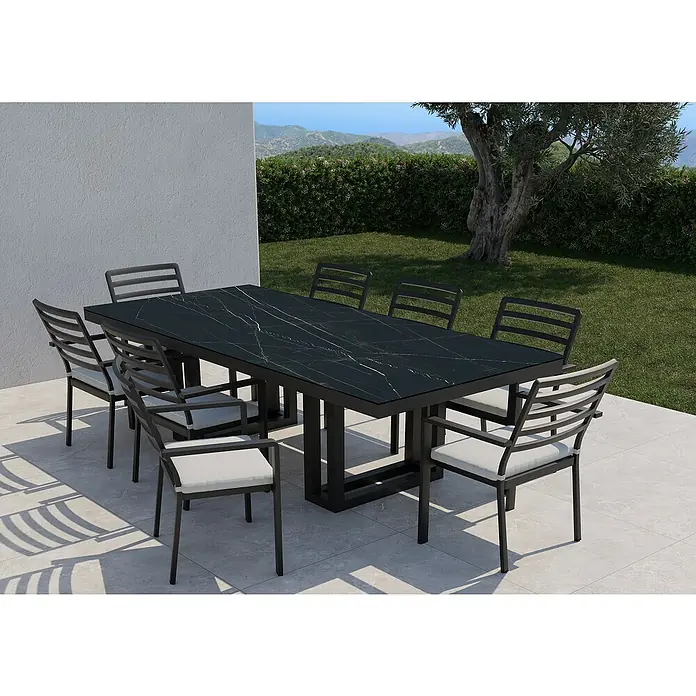 Mesa de jardín Doble Bridge - L x An x Al: 260 x 120 x 74 cm, Aluminio/Cerámica, Marquina Black - El moderno conjunto de mesa de comedor para exterior con tapa de mármol ofrece espacio para socializar al aire libre. Las sillas a juego aseguran la comodidad.