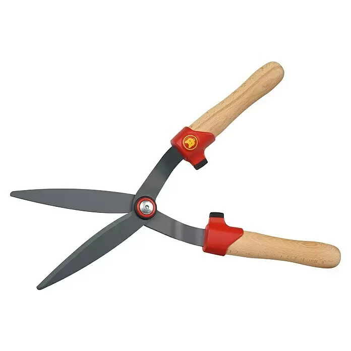 Wolf-Garten Hand-Heckenschere HS-BW - Braun - Graue Heckenschere aus Metall mit roten Akzenten, Naturholzgriffen und gelbem Logo.