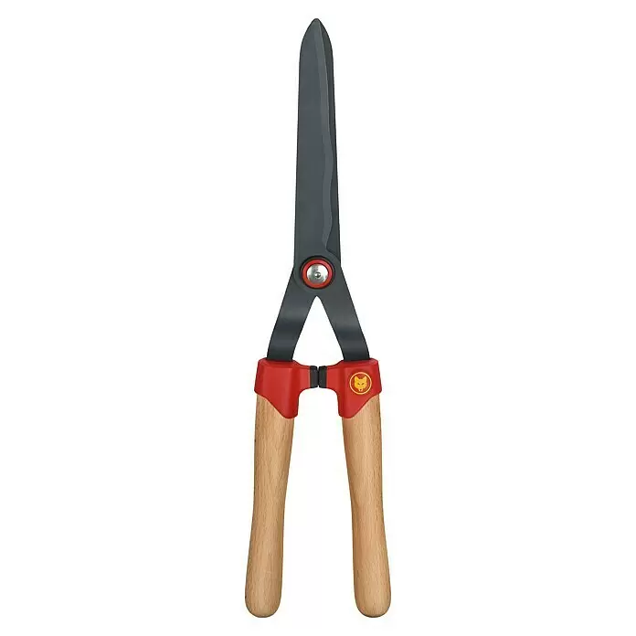 Wolf-Garten Hand-Heckenschere HS-WW - Braun - WOLF-Garten Heckenschere mit grauen Klingen, roten Akzenten und hellen Holzgriffen.