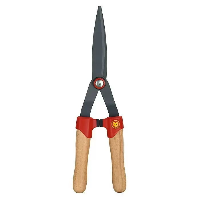 Wolf-Garten Hand-Heckenschere HS-BW - Braun - Heckenschere mit grauen Klingen, roten Kunststoffteilen und hellen Holzgriffen.