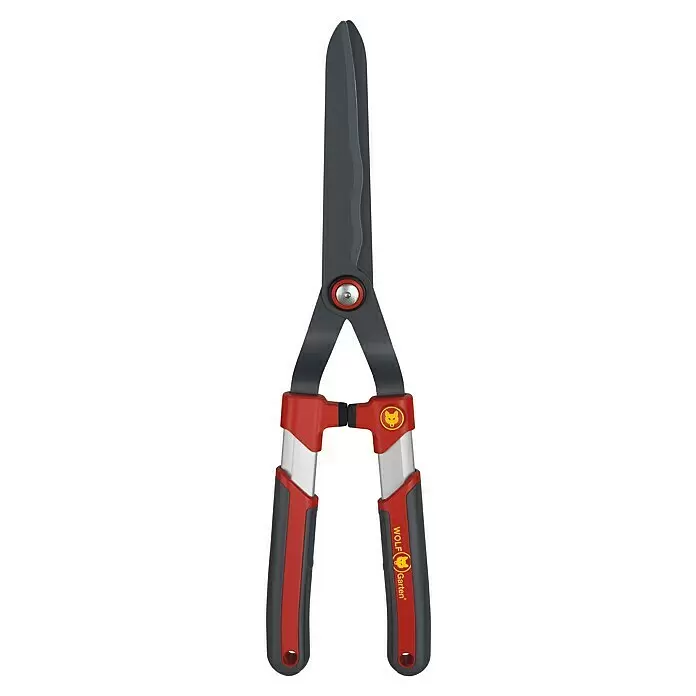 Wolf-Garten Hand-Heckenschere HS-WP - Rot - Graublättrige Heckenschere mit roten und silbernen Griffen, rotem Drehpunkt und WOLF-Garten Logo.