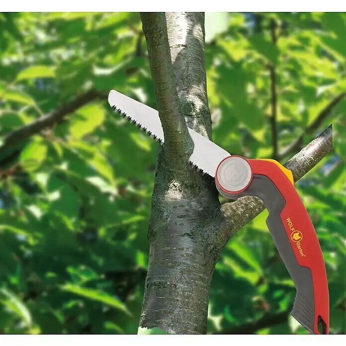 Wolf-Garten Handsäge POWER CUT SAW 145 - Sägeblattlänge: 14,5 cm - WOLF-Garten Klappsäge in Rot und Grau mit gelben Akzenten, die einen Baumast sägt.