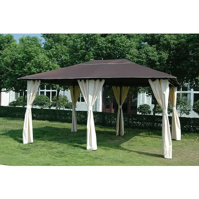 Sunfun Techo de repuesto Barbados I - Específico para: Carpa poligonal Sunfun Barbados I - Imagen de una glorieta con techo marrón y cortinas beige sobre un césped verde, ideal para jardín.