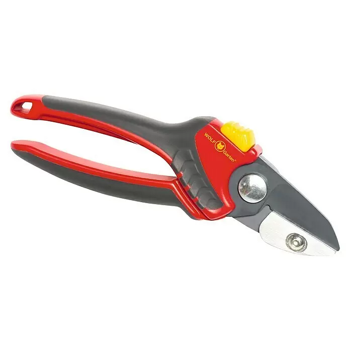 Wolf-Garten Gartenschere RS 4000 - Amboss, Max. Aststärke: 25 mm - Rote und dunkelgraue Gartenschere mit gelbem Sicherheitsverschluss und silbernen Klingen.