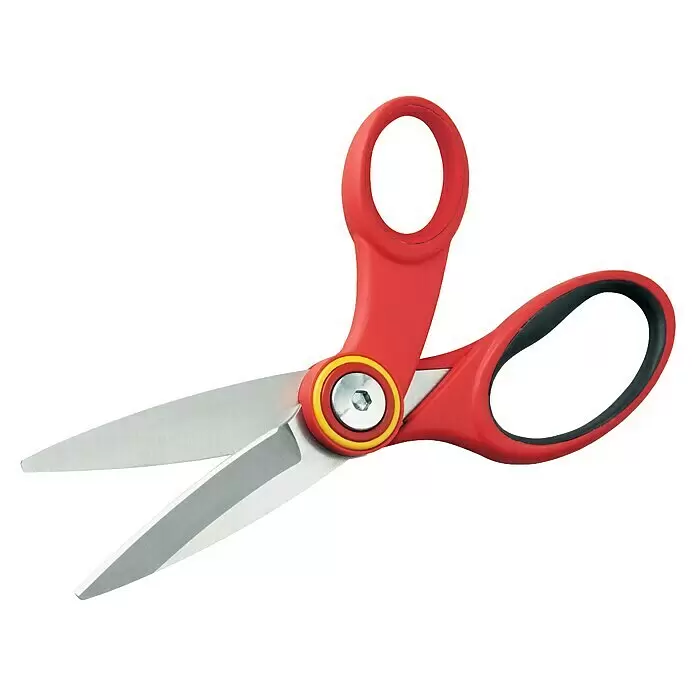 Wolf-Garten Universalschere RA-X - Länge: 18 cm - Rote Schere mit silbernen Klingen, in offener Position, mit gelbem Drehpunkt.