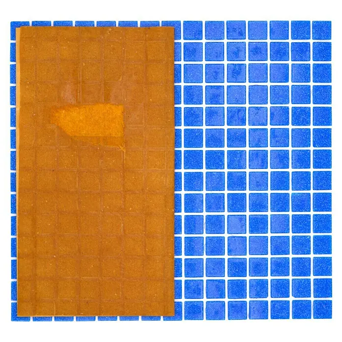 Mosaikfliese Quadrat Crystal Uni GM A 38P - 32,7 x 30,5 cm, Dunkelblau, Glänzend - Nahaufnahme eines Mangoleder-Fruchtlederblatts auf einem blauen Mosaikhintergrund. Ein köstlicher, gesunder Snack.